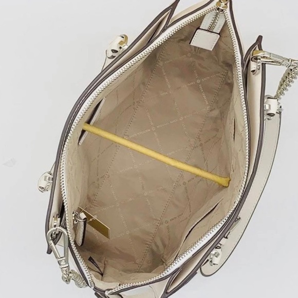 NWT Michael Kors Ellis Large Saffiano Leather Chainlink Satchel Bag Optic White - Picture 2 of 13